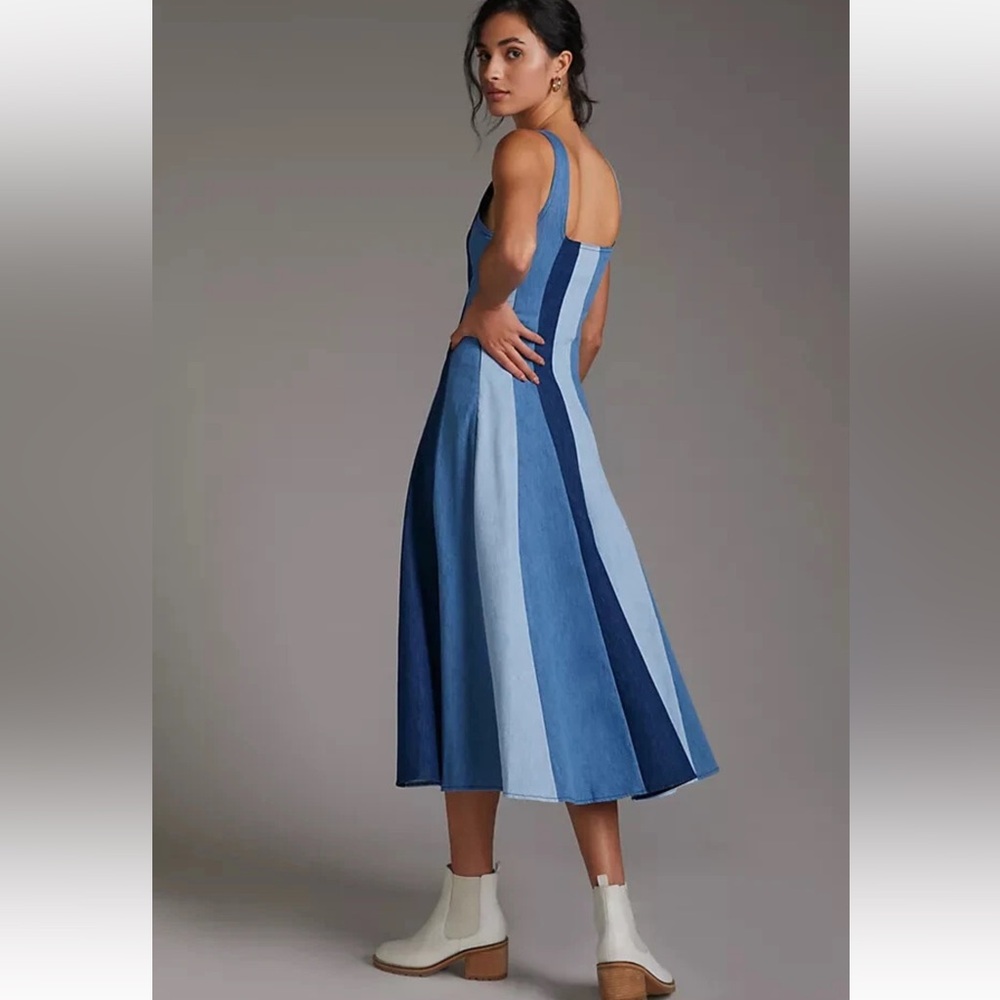 Anthropologie x Farm Rio Blue and White denim color blocked Midi Dress S - Picture 13 of 13